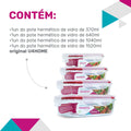 COMBO -> Pote de Vidro Hermético Retangular Combinado - 1 pote 370ml + 1 pote 640ml + 1 pote 1040ml + 1 pote 1520ml