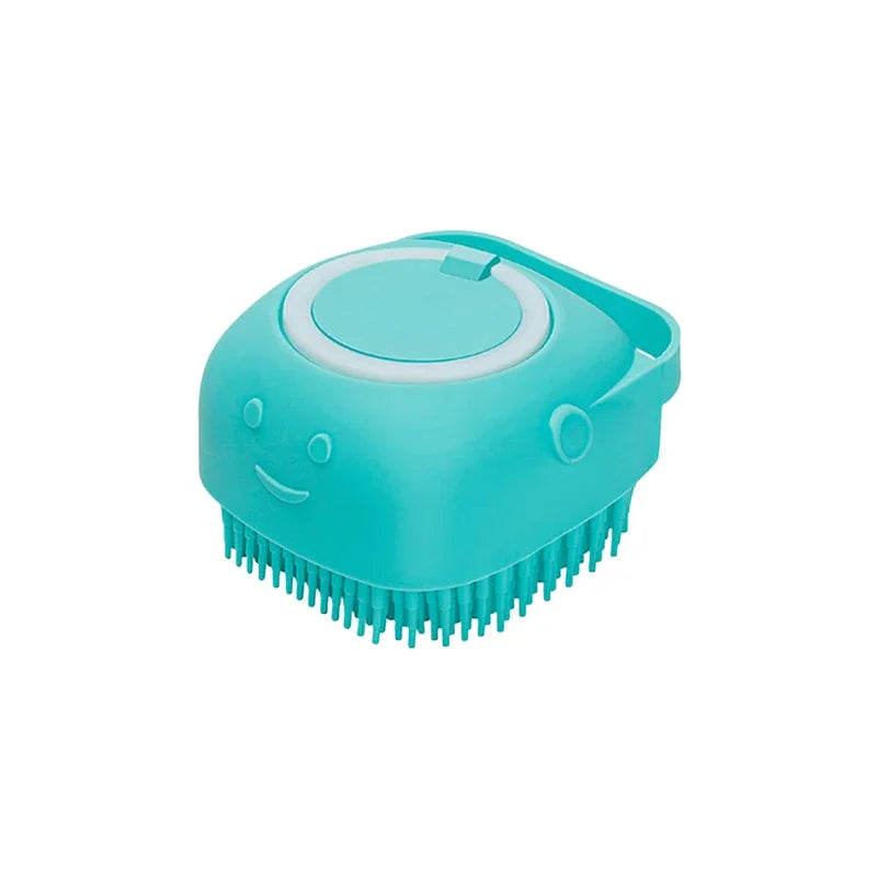 Escova de banho e massagem para cães e gatos, com reservatório de shampoo, feita de silicone macia, cerdas de borracha.
