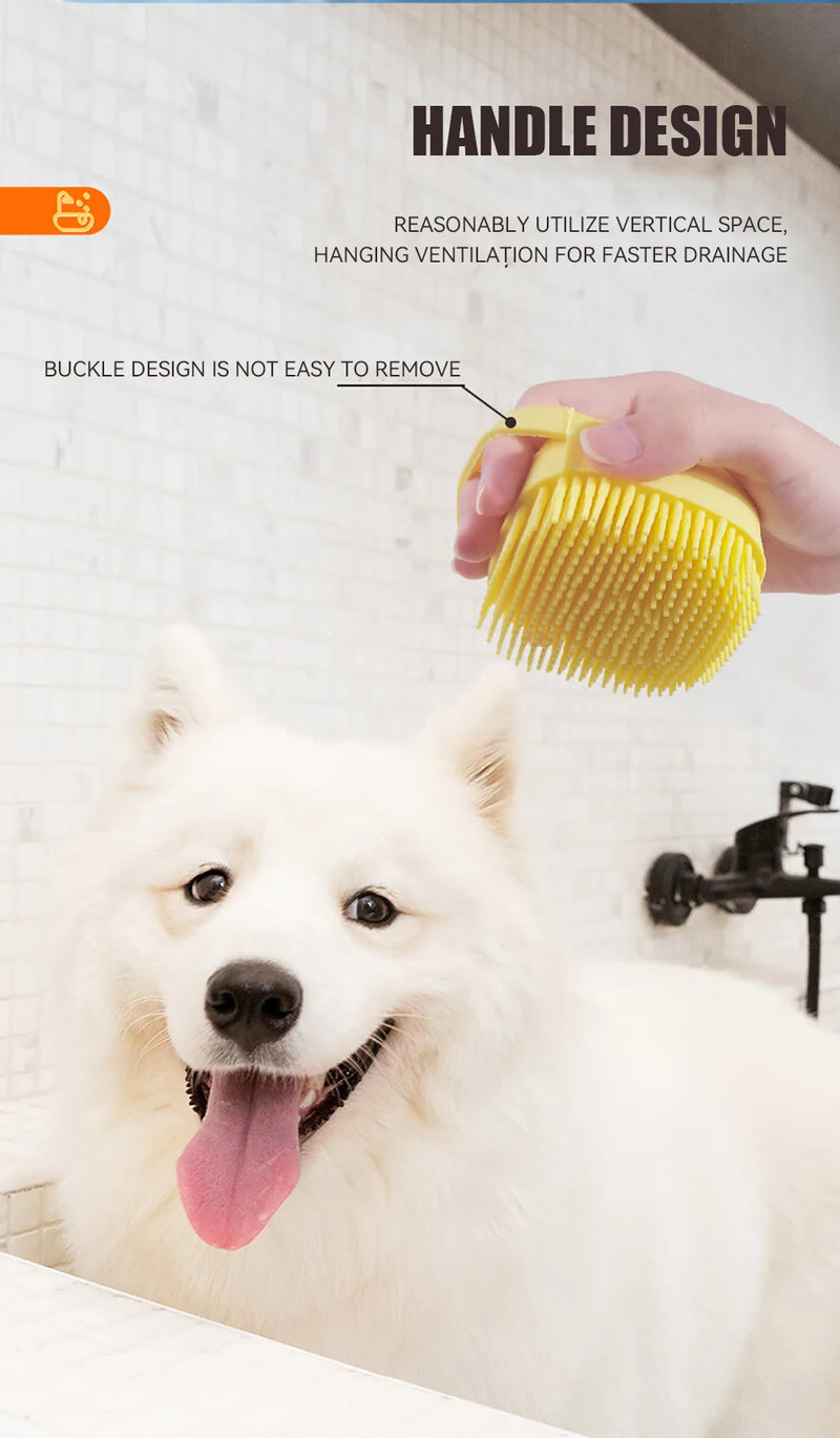 Escova de banho e massagem para cães e gatos, com reservatório de shampoo, feita de silicone macia, cerdas de borracha.