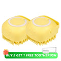 Escova de banho e massagem para cães e gatos, com reservatório de shampoo, feita de silicone macia, cerdas de borracha.