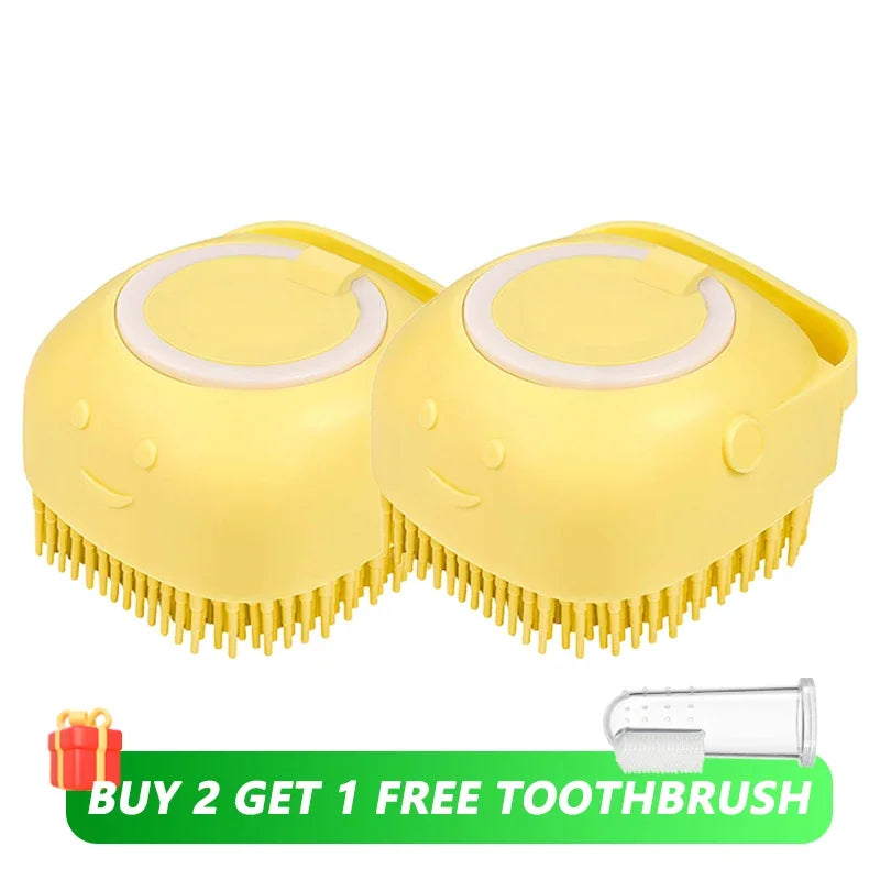 Escova de banho e massagem para cães e gatos, com reservatório de shampoo, feita de silicone macia, cerdas de borracha.