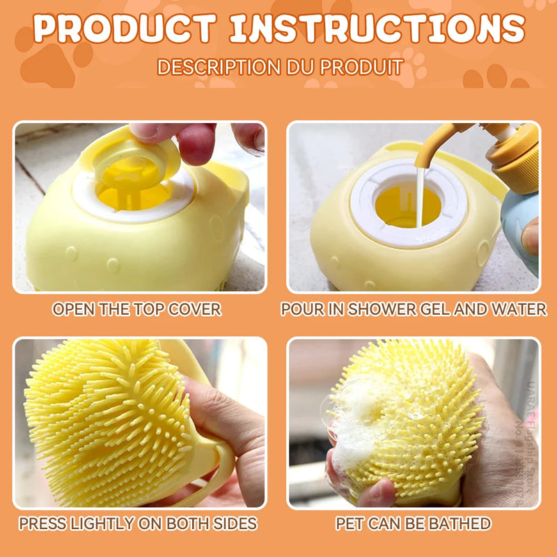 Escova de banho e massagem para cães e gatos, com reservatório de shampoo, feita de silicone macia, cerdas de borracha.