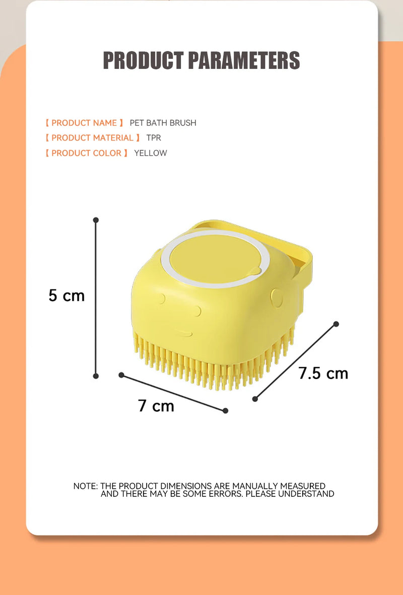 Escova de banho e massagem para cães e gatos, com reservatório de shampoo, feita de silicone macia, cerdas de borracha.