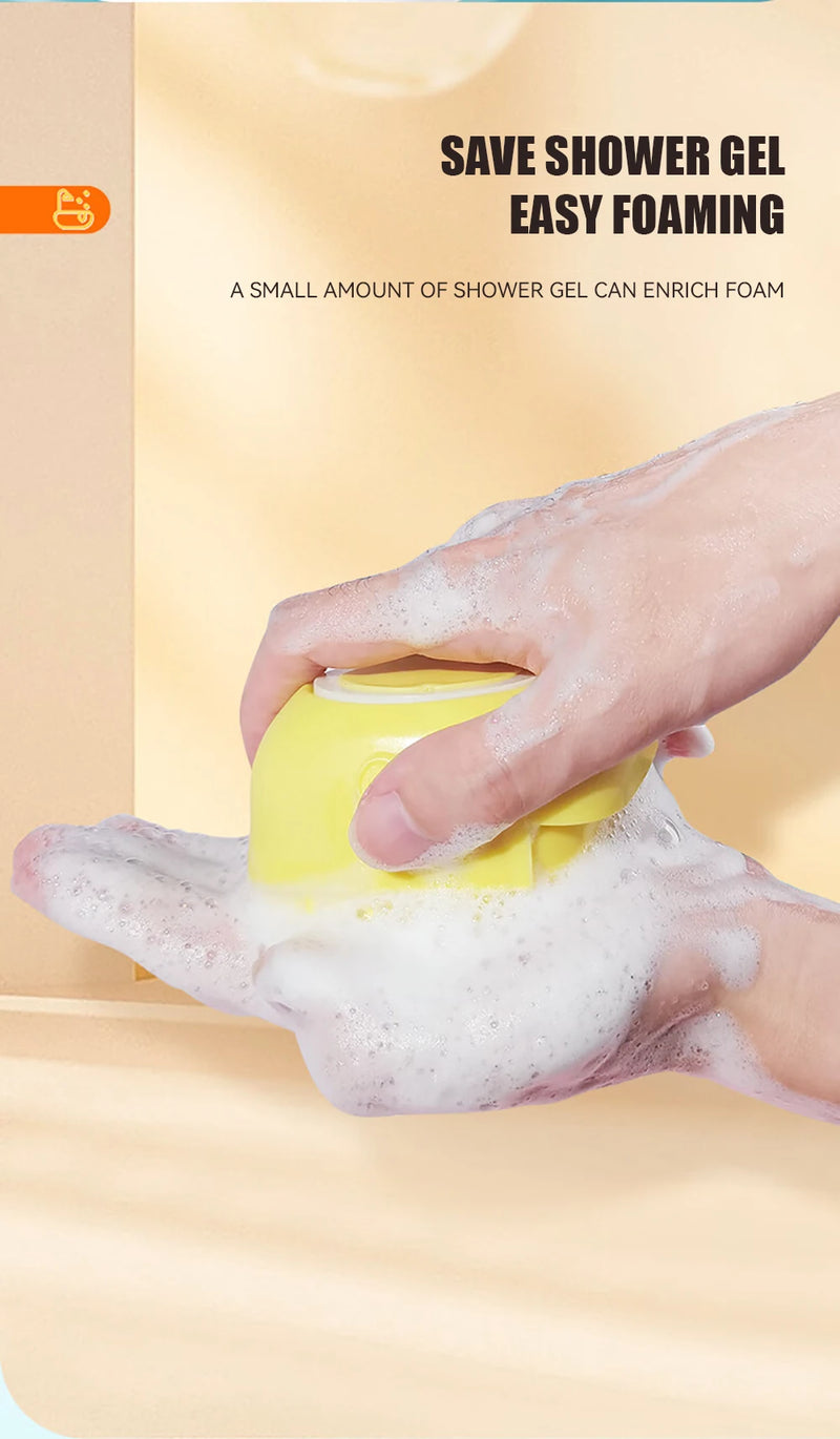 Escova de banho e massagem para cães e gatos, com reservatório de shampoo, feita de silicone macia, cerdas de borracha.