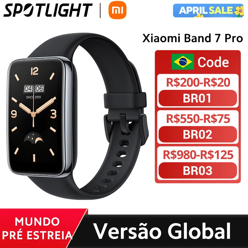 Smartwatch Versão global Xiaomi Band 7 Pro 1,64'' AMOLED 2.5D Tela curva GPS integrado Oxigênio no sangue Sempre ativo Mostrador de relógio Smart Band
