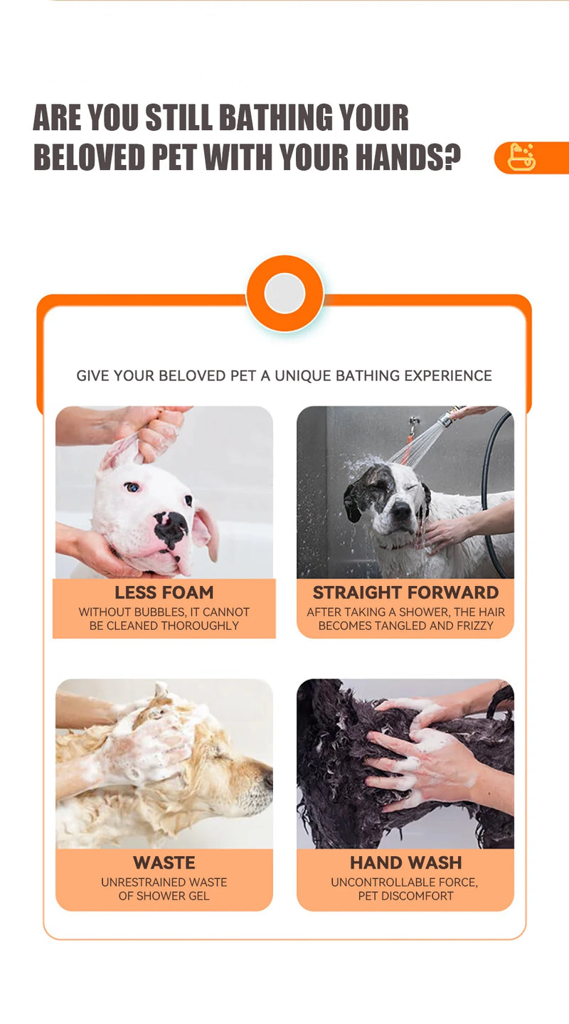 Escova de banho e massagem para cães e gatos, com reservatório de shampoo, feita de silicone macia, cerdas de borracha.