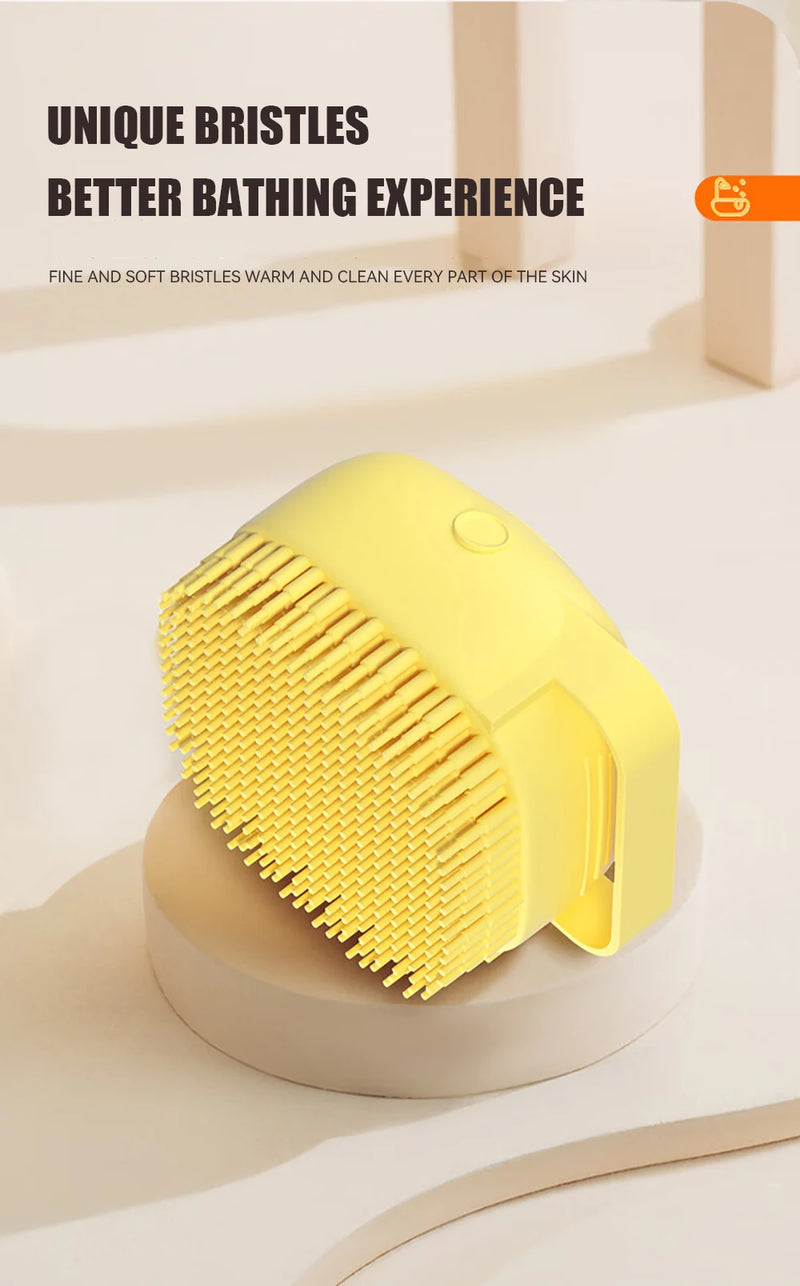 Escova de banho e massagem para cães e gatos, com reservatório de shampoo, feita de silicone macia, cerdas de borracha.