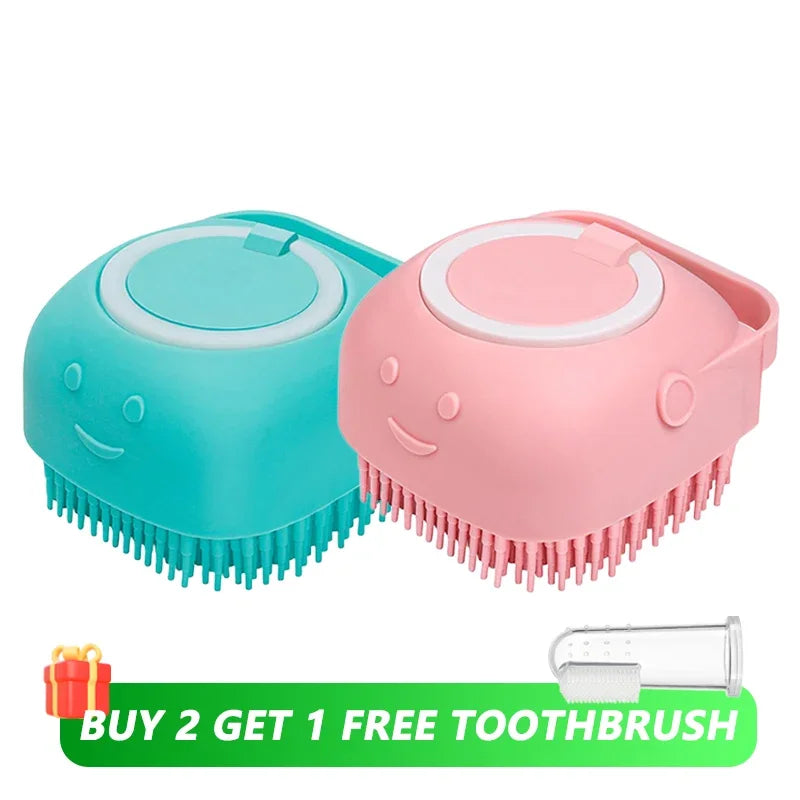 Escova de banho e massagem para cães e gatos, com reservatório de shampoo, feita de silicone macia, cerdas de borracha.