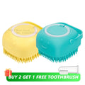 Escova de banho e massagem para cães e gatos, com reservatório de shampoo, feita de silicone macia, cerdas de borracha.