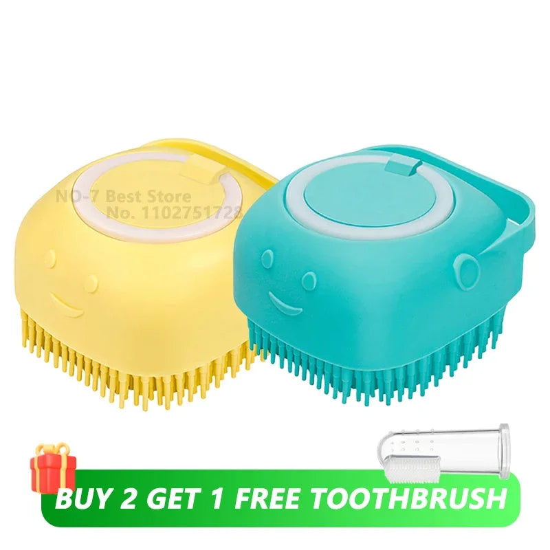 Escova de banho e massagem para cães e gatos, com reservatório de shampoo, feita de silicone macia, cerdas de borracha.