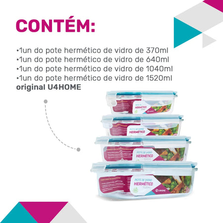 COMBO -> Pote de Vidro Hermético Retangular Combinado - 1 pote 370ml + 1 pote 640ml + 1 pote 1040ml + 1 pote 1520ml