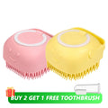 Escova de banho e massagem para cães e gatos, com reservatório de shampoo, feita de silicone macia, cerdas de borracha.
