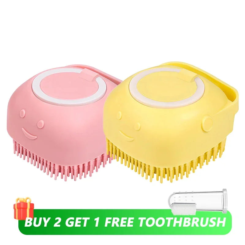 Escova de banho e massagem para cães e gatos, com reservatório de shampoo, feita de silicone macia, cerdas de borracha.