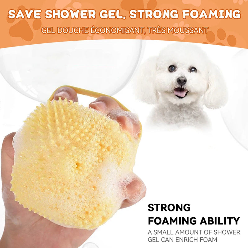 Escova de banho e massagem para cães e gatos, com reservatório de shampoo, feita de silicone macia, cerdas de borracha.