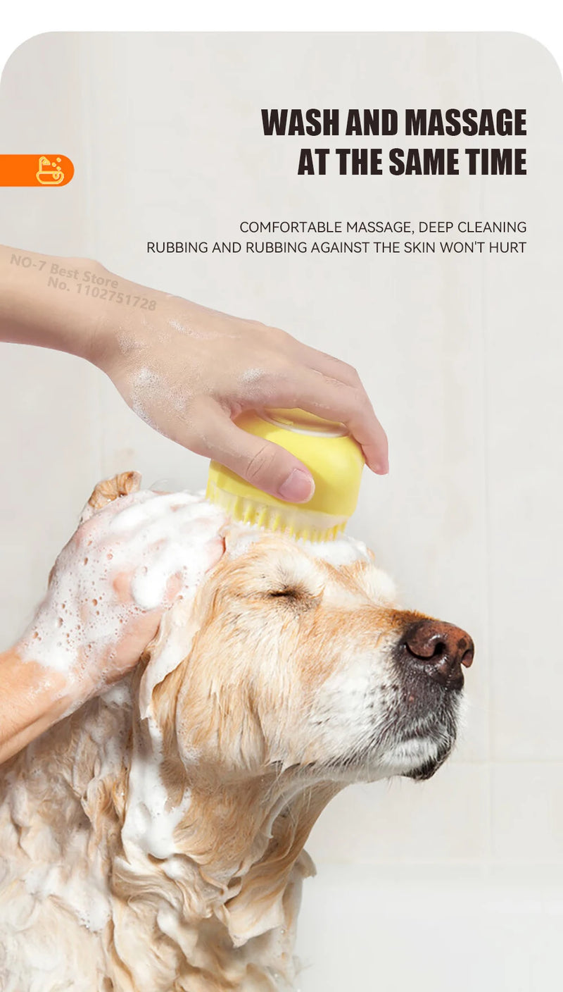 Escova de banho e massagem para cães e gatos, com reservatório de shampoo, feita de silicone macia, cerdas de borracha.