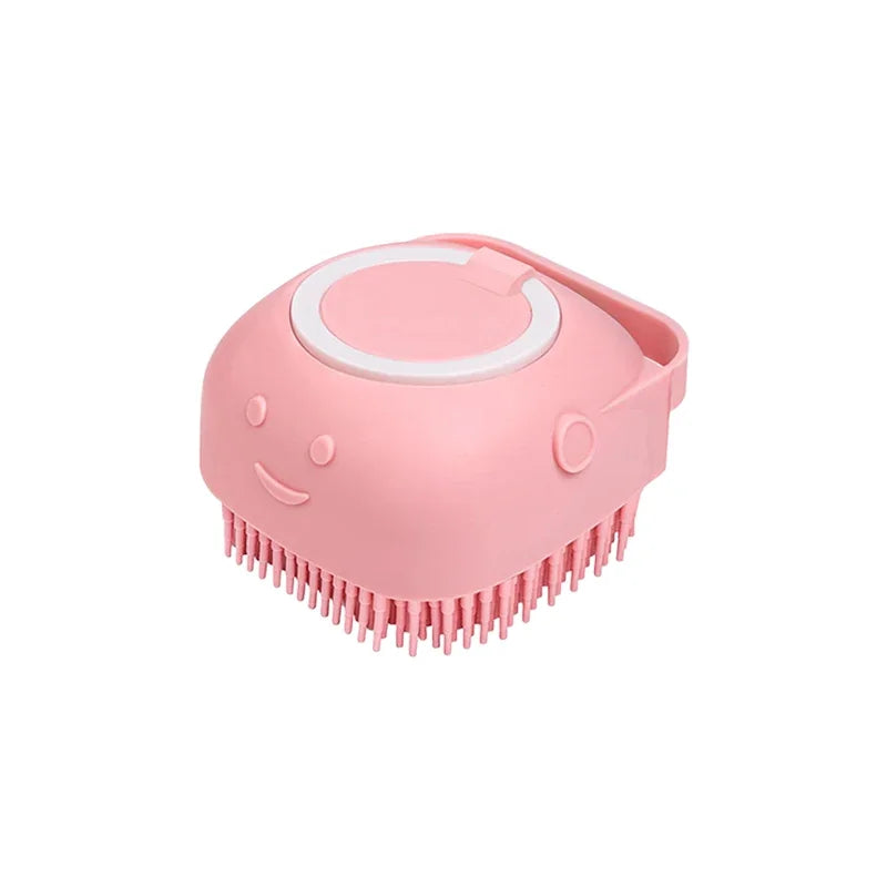 Escova de banho e massagem para cães e gatos, com reservatório de shampoo, feita de silicone macia, cerdas de borracha.