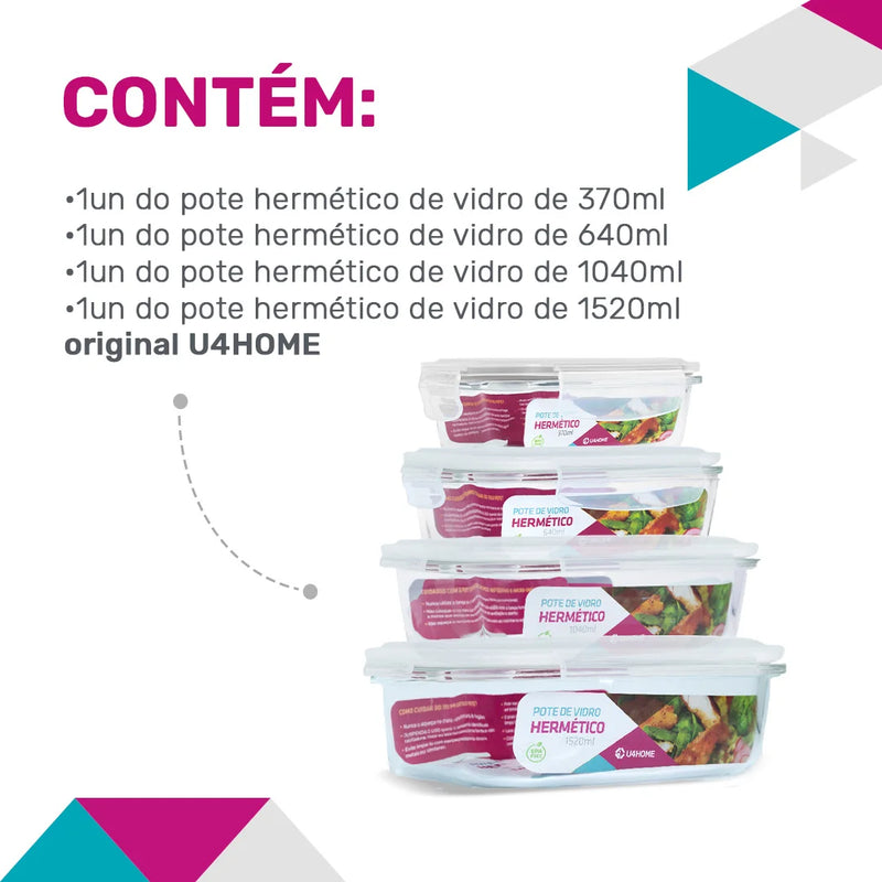 COMBO -> Pote de Vidro Hermético Retangular Combinado - 1 pote 370ml + 1 pote 640ml + 1 pote 1040ml + 1 pote 1520ml
