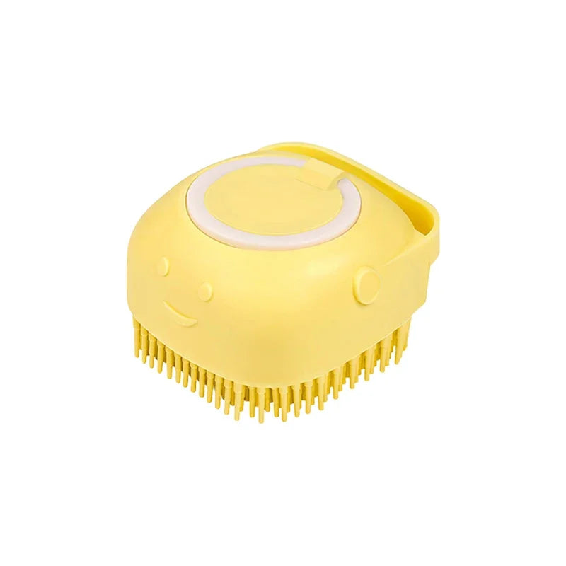 Escova de banho e massagem para cães e gatos, com reservatório de shampoo, feita de silicone macia, cerdas de borracha.