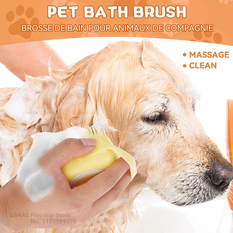 Escova de banho e massagem para cães e gatos, com reservatório de shampoo, feita de silicone macia, cerdas de borracha.