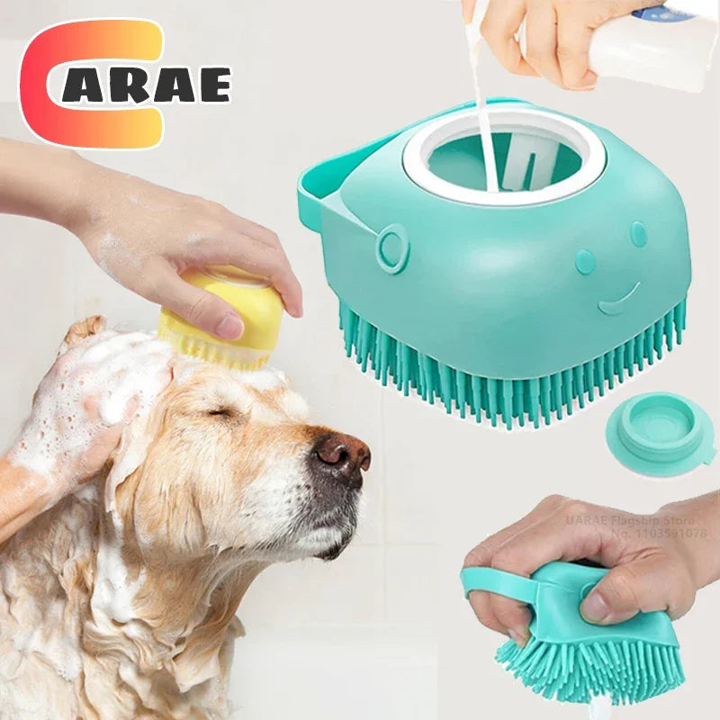 Escova de banho e massagem para cães e gatos, com reservatório de shampoo, feita de silicone macia, cerdas de borracha.