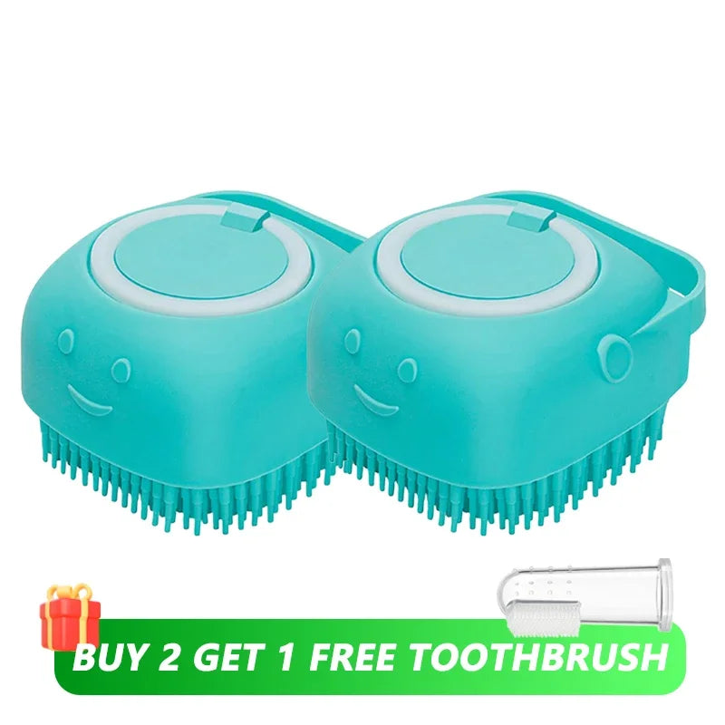 Escova de banho e massagem para cães e gatos, com reservatório de shampoo, feita de silicone macia, cerdas de borracha.