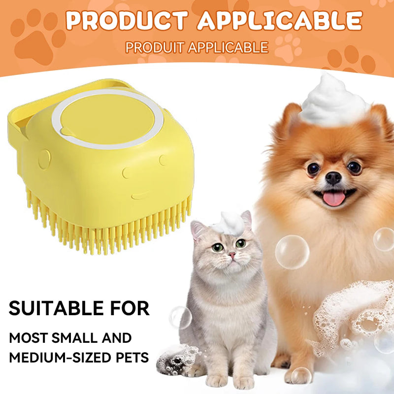 Escova de banho e massagem para cães e gatos, com reservatório de shampoo, feita de silicone macia, cerdas de borracha.