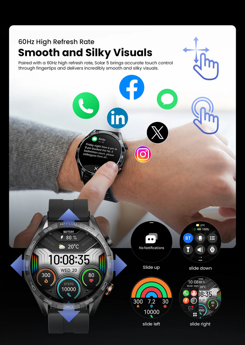 Relógio inteligente Haylou Solar 5 com chamada de voz, tela AMOLED de 1,58'', 60Hz, monitoramento de saúde 24 horas, esportivo, masculino