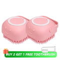 Escova de banho e massagem para cães e gatos, com reservatório de shampoo, feita de silicone macia, cerdas de borracha.